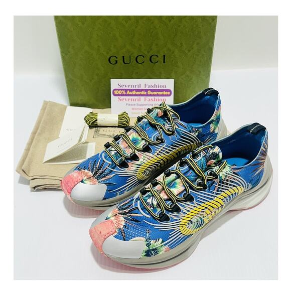 Gucci Run 12/ US 12.5 Knit Low Top Sneakers Blue Floral Print Shoes NIB $920 main image 11